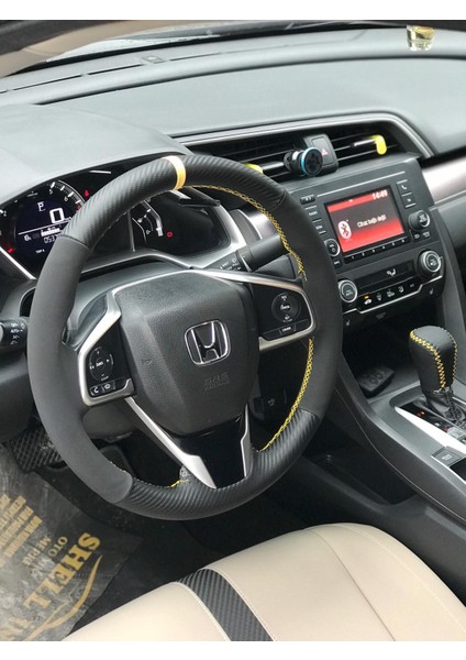 Honda Cıvıc Fc5 Araç Için Sarı Yüzüklü Karbon Nubuk Deri Araç Direksiyon Kılıfı