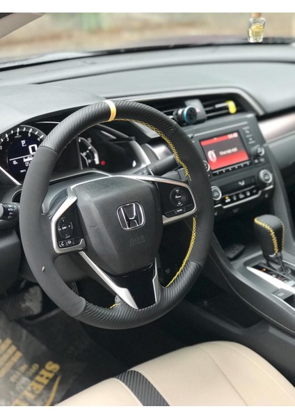 Honda Cıvıc Fc5 Araç Için Sarı Yüzüklü Karbon Nubuk Deri Araç Direksiyon Kılıfı