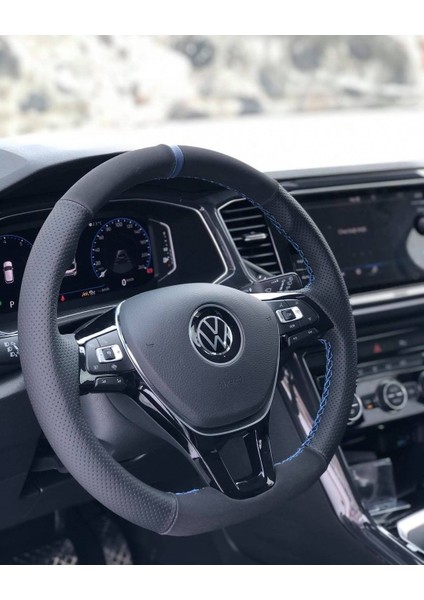 Volkswagen Passat Mavi Yüzüklü Alcantara-Noktalı Deri Orijinal Direksiyon Kaplama