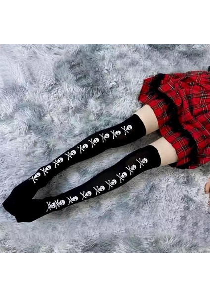 Gothic Punk Harajuku Kuru Kafa Siyah Diz Üstü Çorap