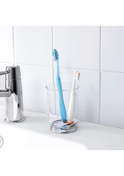 2 Parça Cam Banyo Seti 300 Ml Krom Kaplama Şeffaf Sıvı Sabunluk-Diş Fırçalık Seti Modern-Sade Banyo Set 2 Parça