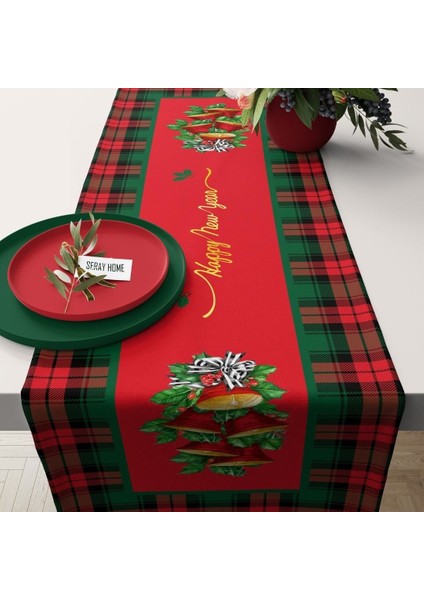 SH SERAY HOME Yılbaşı Christmas Kırmızı Çanlı Ekoseli Runner 43X147 cm