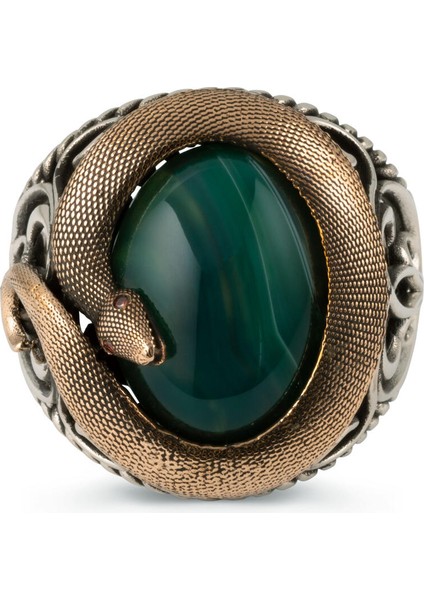 Fierce Snake Yılan Motifli Yeşil Taşlı Gümüş Erkek Yüzük modelleri