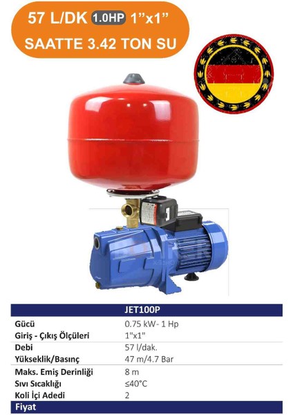 3 Kat 3 Daire JET100P 750W 1 Hp 24 L Italyan Tiptomatik Aç Kapa Hidrofor Tank Set