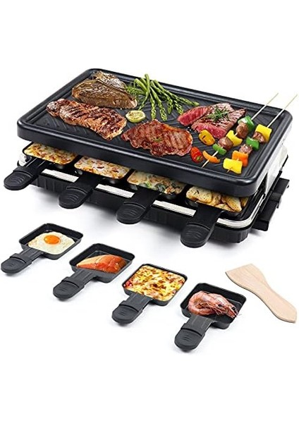 Raclette 8 Personen - Raclette Grill Antihaft Beschichtung Grillpfanne Mit 8 Mini Raclette Pfännchen Und 4 Holzspatel Raklettgerät, 1300W
