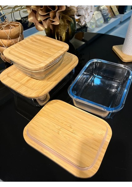 Bambu Kapaklı 3'lü Diktörtgen Vakumlu Kase Cam Saklama Kabı 1500-1000-750ML