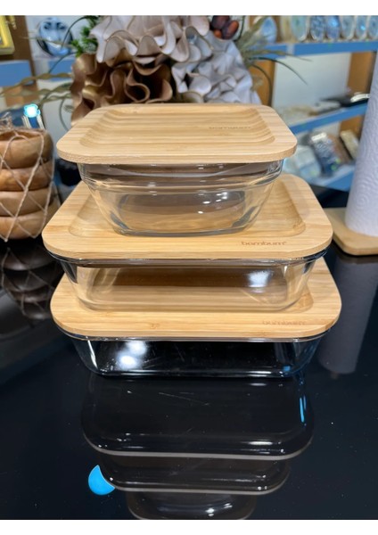 Bambu Kapaklı 3'lü Diktörtgen Vakumlu Kase Cam Saklama Kabı 1500-1000-750ML fiyatları