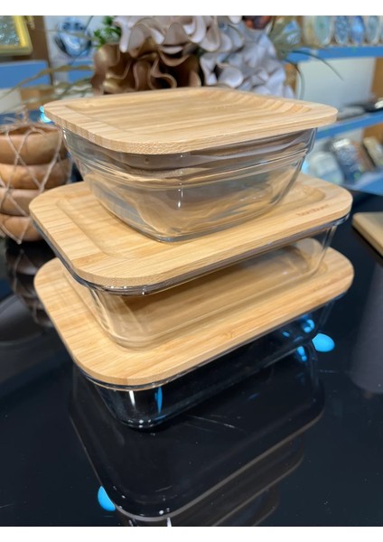 Bambu Kapaklı 3'lü Diktörtgen Vakumlu Kase Cam Saklama Kabı 1500-1000-750ML indirimleri