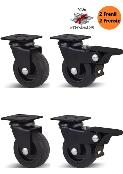 2 Frenli 2 Frensiz Mat Siyah Döner Tablalı 50'lik Bilyalı Teker Masa Dolap Sehpa Mobilya Tekeri
