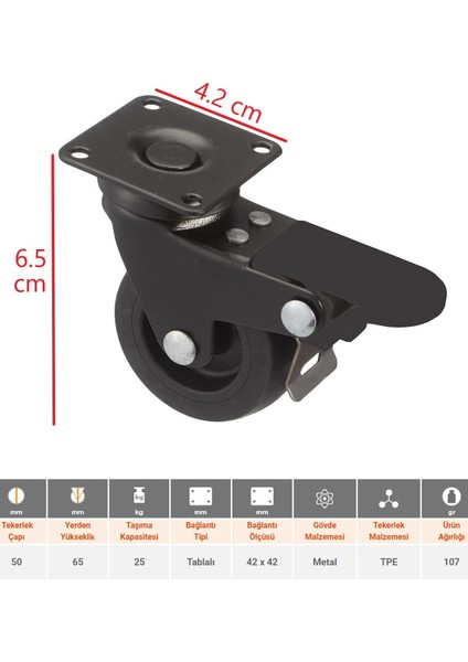 2 Frenli 2 Frensiz Mat Siyah Döner Tablalı 50'lik Bilyalı Teker Masa Dolap Sehpa Mobilya Tekeri fiyatları