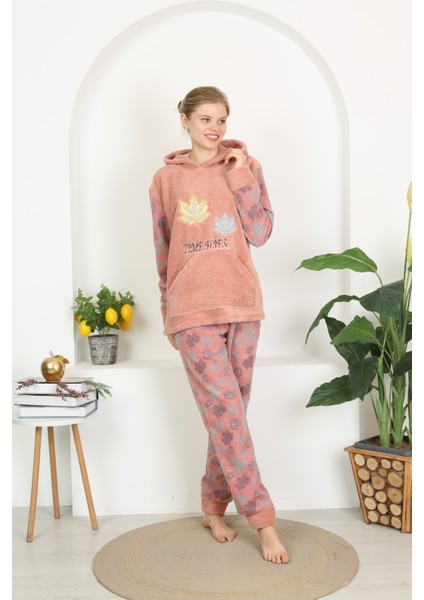 Kışlık Well Soft Kapüşonlu ve Kanguru Cepli Peluş Pijama Takım