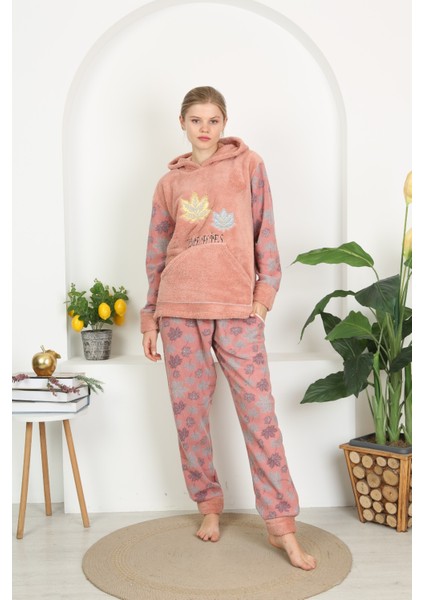 Kışlık Well Soft Kapüşonlu ve Kanguru Cepli Peluş Pijama Takım modelleri