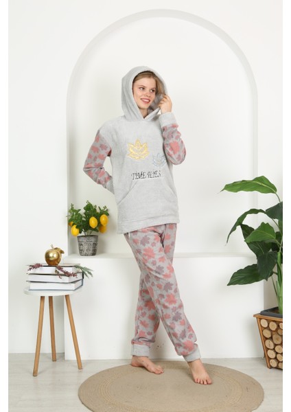 Kışlık Well Soft Kapüşonlu ve Kanguru Cepli Peluş Pijama Takım modelleri