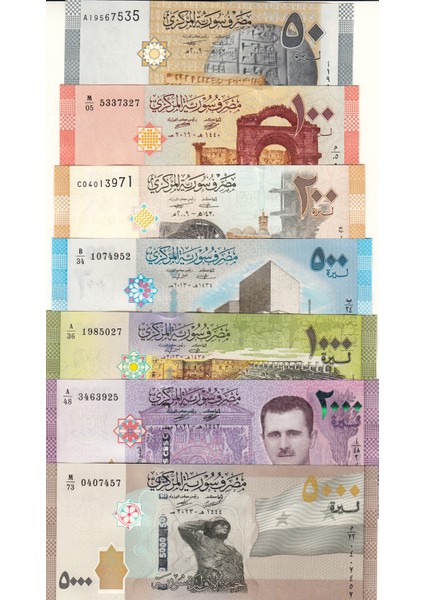 Suriye 50-100-200-500-1000-2000-5000 Pound 7 Li Tam Set, Yabancı Kağıt Para, "çil"