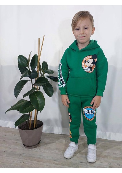 Mickey Mouse Çizgi Karakterli Yeşil Kapüşonlu Erkek Çocuk Eşofman Pijama Alt Üst Takımı
