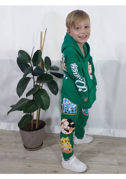Mickey Mouse Çizgi Karakterli Yeşil Kapüşonlu Erkek Çocuk Eşofman Pijama Alt Üst Takımı