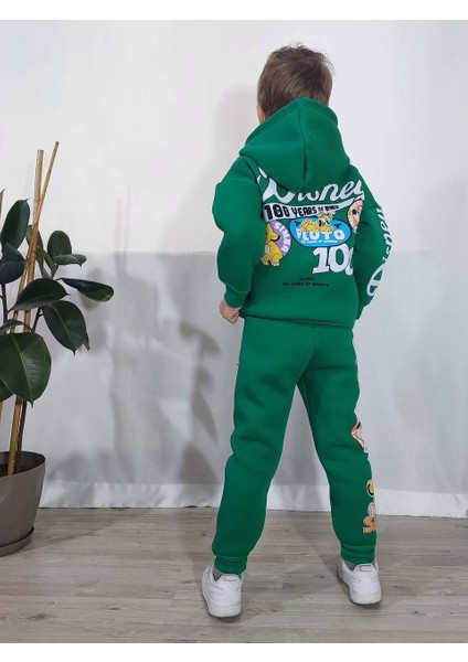 Mickey Mouse Çizgi Karakterli Yeşil Kapüşonlu Erkek Çocuk Eşofman Pijama Alt Üst Takımı