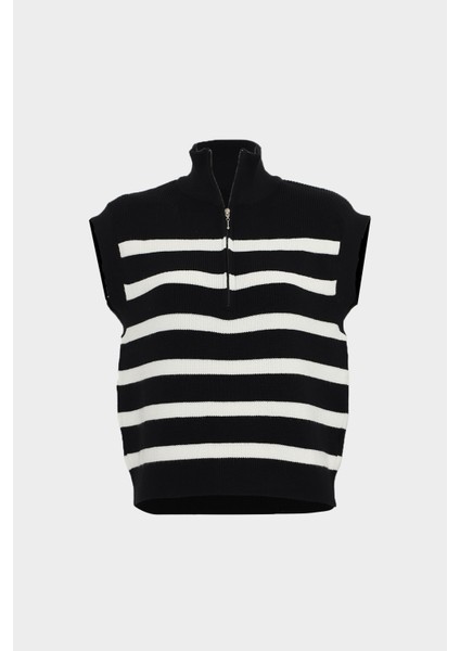 AÇELYAOKCU Oversize Yarım Balıkçı Fermuar Detaylı Çizgili Kadın Triko Süveter