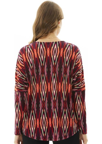 V Yaka Desenli Fuşya Kadın Bluz 23KSL8659 modelleri