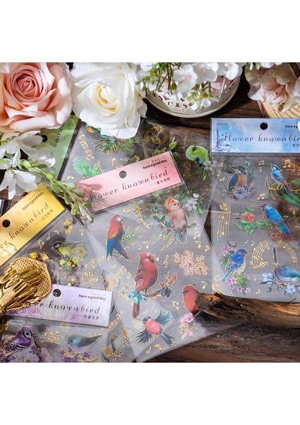 E-Kuşlar ve Çiçekler 2 Sayfalık Kuş Renkli Düz Çıkartmalar Çiçek Altın Bronzlaşmaya Scrapbooking Kitap El Dekoratif Kırtasiye Etiket 190*110 mm Yenı (Yurt Dışından) modelleri