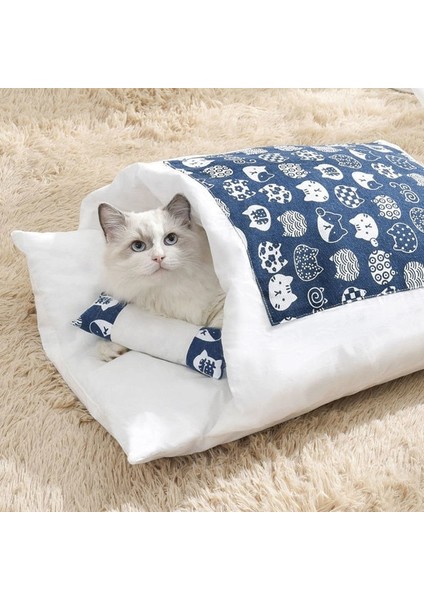 Mavi L 65X50CM Japon Kediler Yastıklı Yatak Kış Sıcak Kedi Mağara Evi Artı Kadife Köpek Evcil Hayvan Yatakları Derin Uyku Kediler Mat Uyku Tulumu Yuva Yastığı (Yurt Dışından)