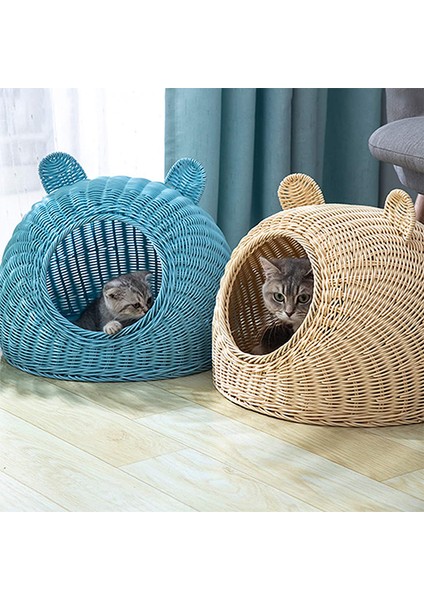Mavi S-4kg Pet House Rattan Kedi Yuvası Yaz Yarı-Kapalı Kapalı Yatak Mat Nefes Alabilir Dayanıklı Köpek Sepeti Küçük Orta Kediler/köpekler Için (Yurt Dışından)