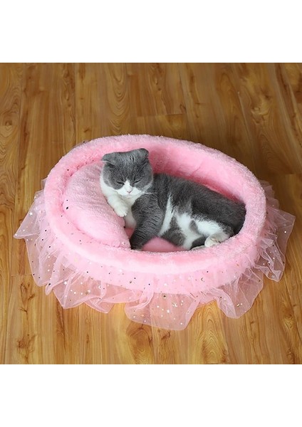 Pembe L 53X40CM Prenses Kedi Yatağı Yumuşak Dantel Pet Yatak Kediler Için Yavru Köpek Kanepe Sıcak Yuvarlak Evcil Hayvan Yuvası Yastık Minder ile Kedi Aksesuarları (Yurt Dışından)