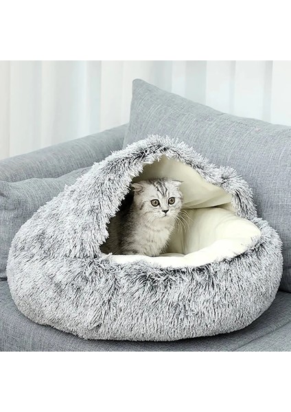 Beyaz-Gri 60X60CM 2 In 1 Kış Uzun Peluş Pet Kedi Yatak Yuvarlak Kedi Yastık Kedi Evi Sıcak Kedi Sepeti Kedi Uyku Tulumu Kedi Yuva Kulübesi Küçük Köpek Kedi Için (Yurt Dışından)