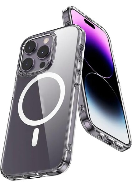 iPhone 15 Plus ile Uyumlu Kılıf Tacsafe Wireless Halka Magnetik Attractive Kapak Şeffaf