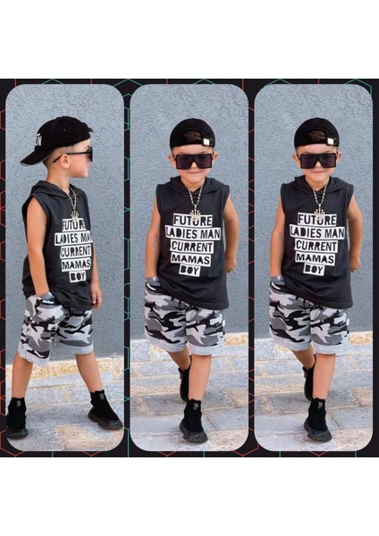 1/8 Mamas Boy Kapüşonlu Erkek Çocuk Şortlu Siyah Takım