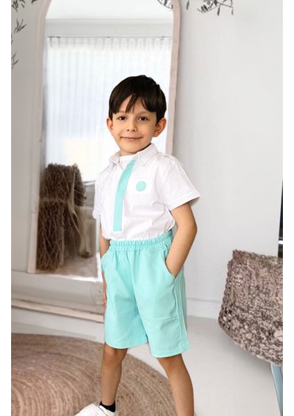 Minigimin Cicileri Kardeş Kombin Dijital Baskı Yeşil Elbise Gömlek Şort Takım (Tek Takım Satış Fiyatıdır) - Erkek fiyatları