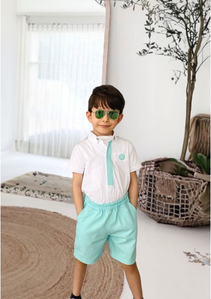 Minigimin Cicileri Kardeş Kombin Dijital Baskı Yeşil Elbise Gömlek Şort Takım (Tek Takım Satış Fiyatıdır) - Erkek modelleri