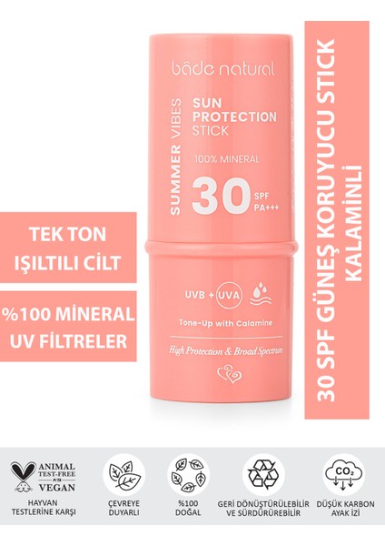 Bade Natural Pembe %100 Mineral Filtreli ve Doğal Güneş Koruyucu Stick 30 SPF