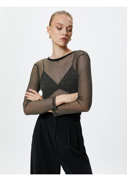 Transparan Tişört Simli Uzun Kollu Bisiklet Yaka