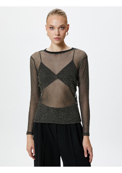 Transparan Tişört Simli Uzun Kollu Bisiklet Yaka modelleri