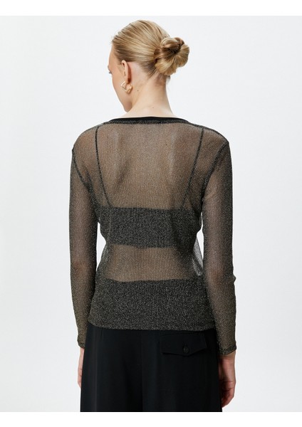 Transparan Tişört Simli Uzun Kollu Bisiklet Yaka fırsatları