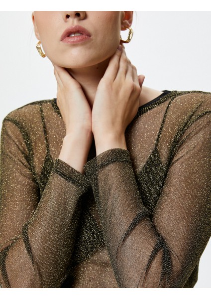 Transparan Tişört Simli Uzun Kollu Bisiklet Yaka indirimleri