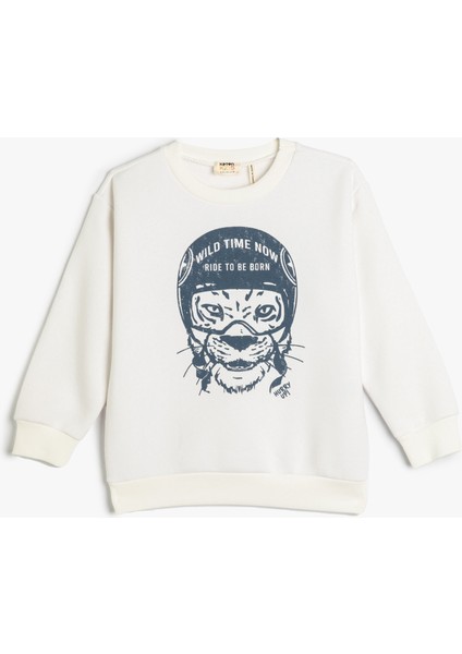 Sweatshirt Kaplan Baskılı Bisiklet Yaka Uzun Kollu Şardonlu