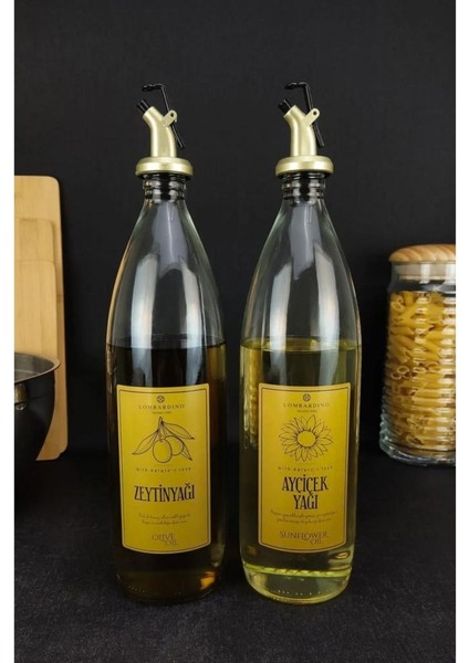 Vetro 2'li Zeytinyağı ve Sıvıyağ Şişesi Gold Etiketli Yağdanlık 1000 ml SH-0024