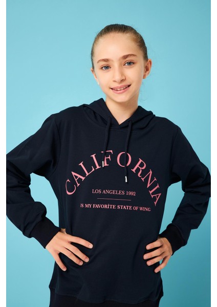 California Baskı Detaylı Kapüşonlu Kız Çocuk Sweatshirt Lacivert