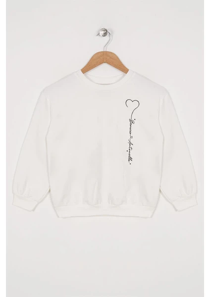 Kız Çocuk Ekru Renkli Minimalist Kalp Baskılı Sweatshirt