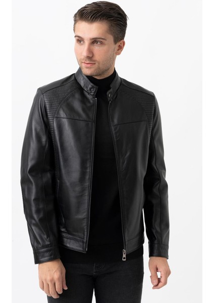Treviso 5001 Işlemeli Slim Fit Deri Mont Siyah