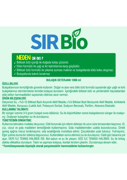 Sır Bio Bitkisel Özlü Elde Bulaşık Deterjanı 1000 ml Pompalı Şişe + 500 ml