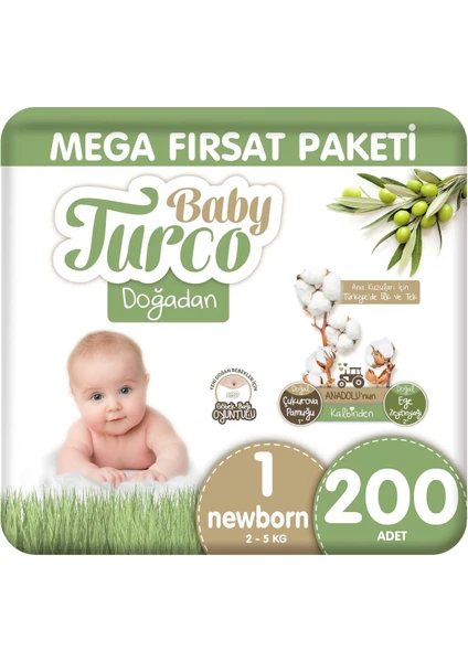 Baby Turco Doğadan Mega Fırsat Paketi Bebek Bezi 1 Numara Newborn 200 Adet