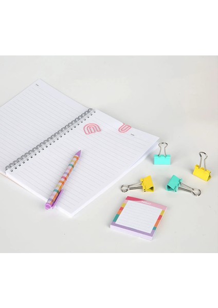 Kırtasiye Seti A5 Spiral Defter Plastik Tükenmez Kalem 4 Adet 25MM Dosya Klipsi, 2 Adet Ataç ve Not