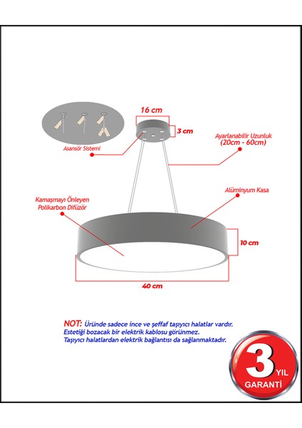 Hegza Lighting Drum 40CM (Gri Kasa, Gün Işığı) Ledli Modern LED Avize, Salon, Mutfak, Oturma Yatak Odası, Sarkıt