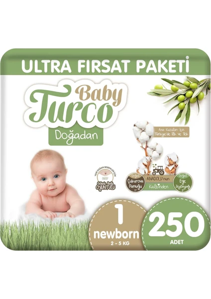 Baby Turco Doğadan Ultra Fırsat Paketi Bebek Bezi 1 Numara Newborn 250 Adet