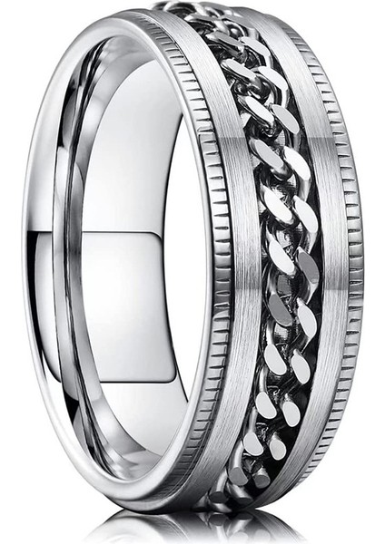 Moda Çift Yüzüğü Kabartmalı Gümüş Alt + Gümüş Zincir - Dönen Halka (Yurt Dışından)