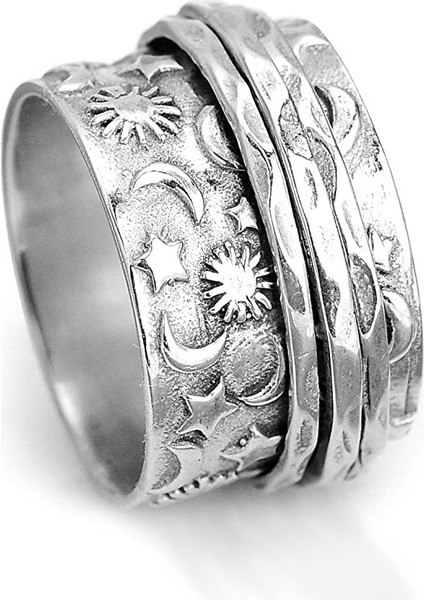 Moda Çift Yüzük Gümüş Yıldız ve Ay Dönen Yüzük (Yurt Dışından)