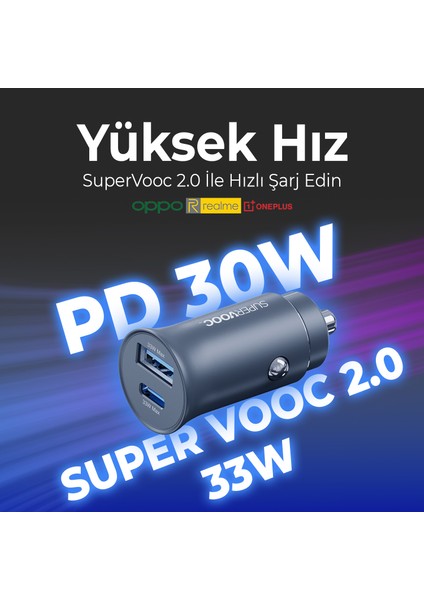 BXAC33C 33W Supervooc 2.0 Type-C Pd ve Usb-A Çift Portlu Araç Içi Hızlı Şarj Cihazı Siyah